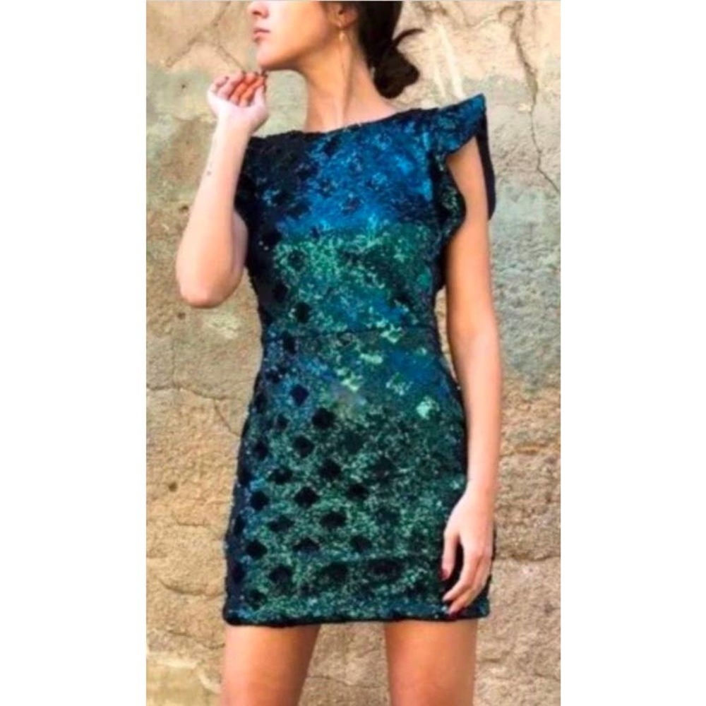 Zara Basic Sz Large Women’s Sequin Green Blue Cocktail Checkered Ruffle Dress